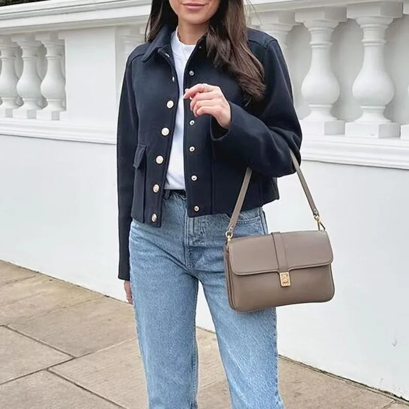 HXAO Elegant Women Coat Long Sleeves Buttons Pocket Lady Jacket 2024 Spring Autumn New Fashion Casual Office Women Clothing