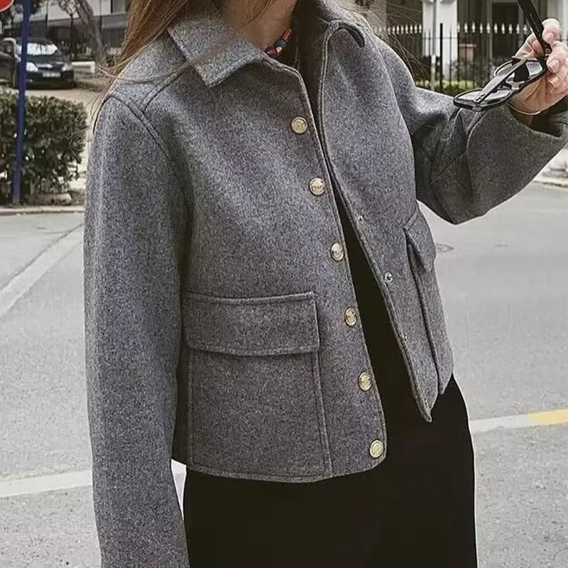 HXAO Elegant Women Coat Long Sleeves Buttons Pocket Lady Jacket 2024 Spring Autumn New Fashion Casual Office Women Clothing