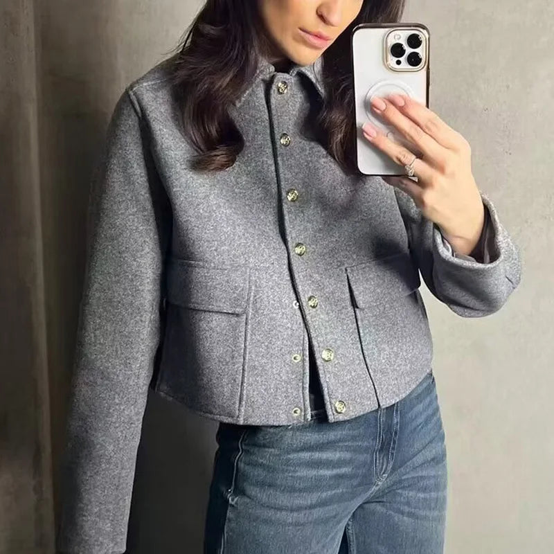 HXAO Elegant Women Coat Long Sleeves Buttons Pocket Lady Jacket 2024 Spring Autumn New Fashion Casual Office Women Clothing