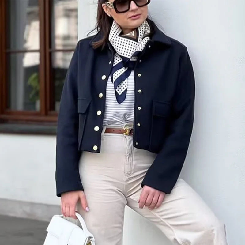 HXAO Elegant Women Coat Long Sleeves Buttons Pocket Lady Jacket 2024 Spring Autumn New Fashion Casual Office Women Clothing