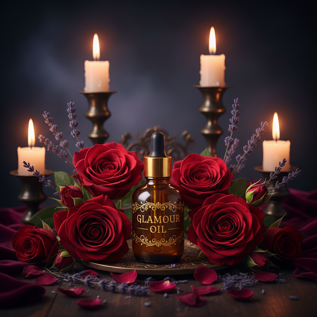 Most Beautiful Glamour Oil - moody witchy aesthetic with candles and roses