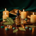 Money Loves Me Prosperity Oil - luxe moody aesthetic with candles, citrine and aventurine crystals