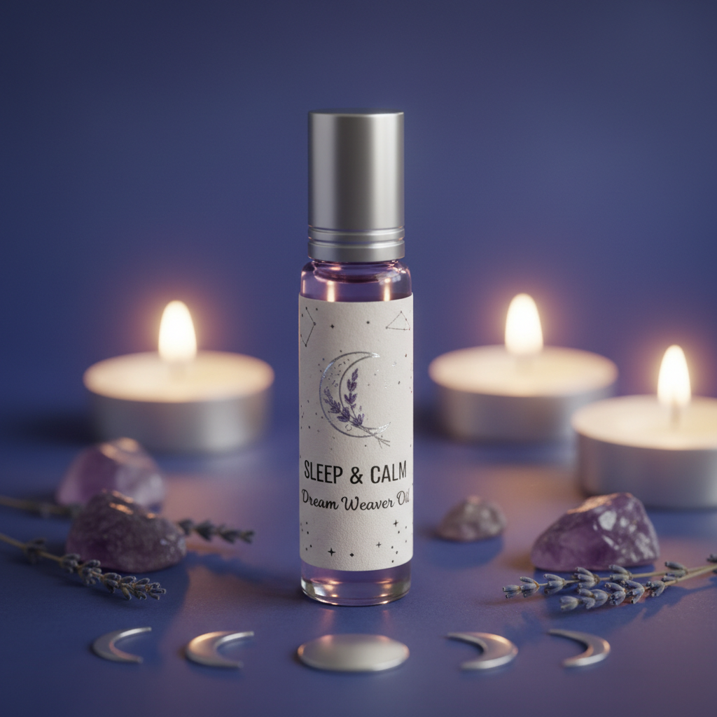 1ml roller bottle spell oil infused with amethyst crystals with soft dreamy aesthetic